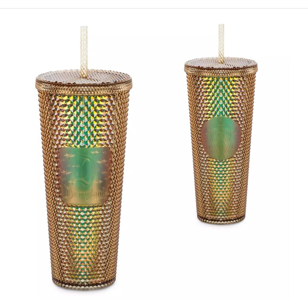 New Disneyland Starbucks Gold Geometric Studded Tumbler Cup with Straw 24oz